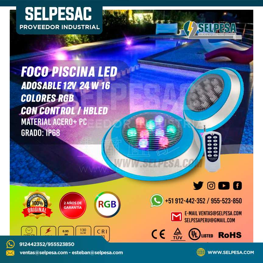 FOCO PISCINA LED ADOSABLE 12V 24 W 16 COLORES RGB  CON CONTROL / HBLED