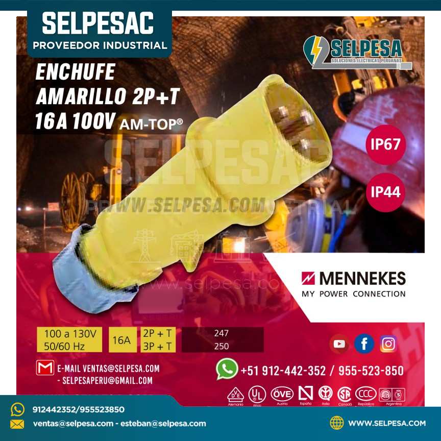 ENCHUFE AMARILLO 2P+T 16A 100V IP44 MENNEKES