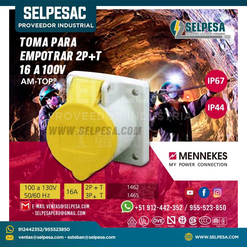 TOMA PARA EMPOTRAR AMARILLO 2P+T 16A 100V IP44 MENNEKES
