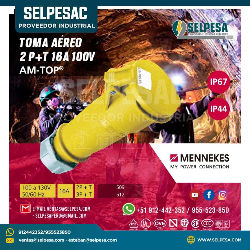 TOMA AÉREO AMARILLO 2 P+T 16A 100V MENNEKES