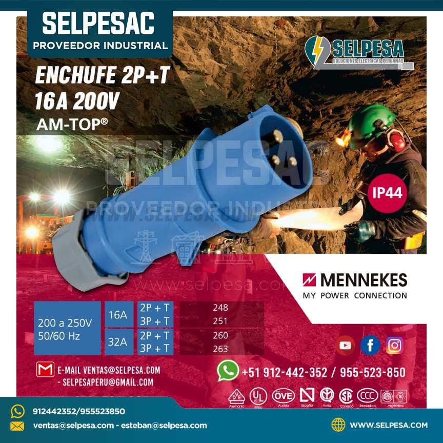 ENCHUFE AZUL 2P+T 16A 200V IP44 MENNEKES