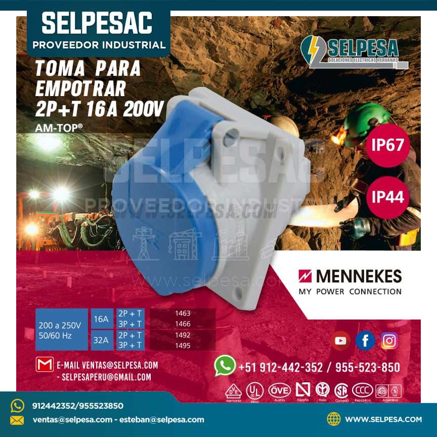 TOMA PARA EMPOTRAR AZUL 2P+T 16A 200V IP44 MENNEKES
