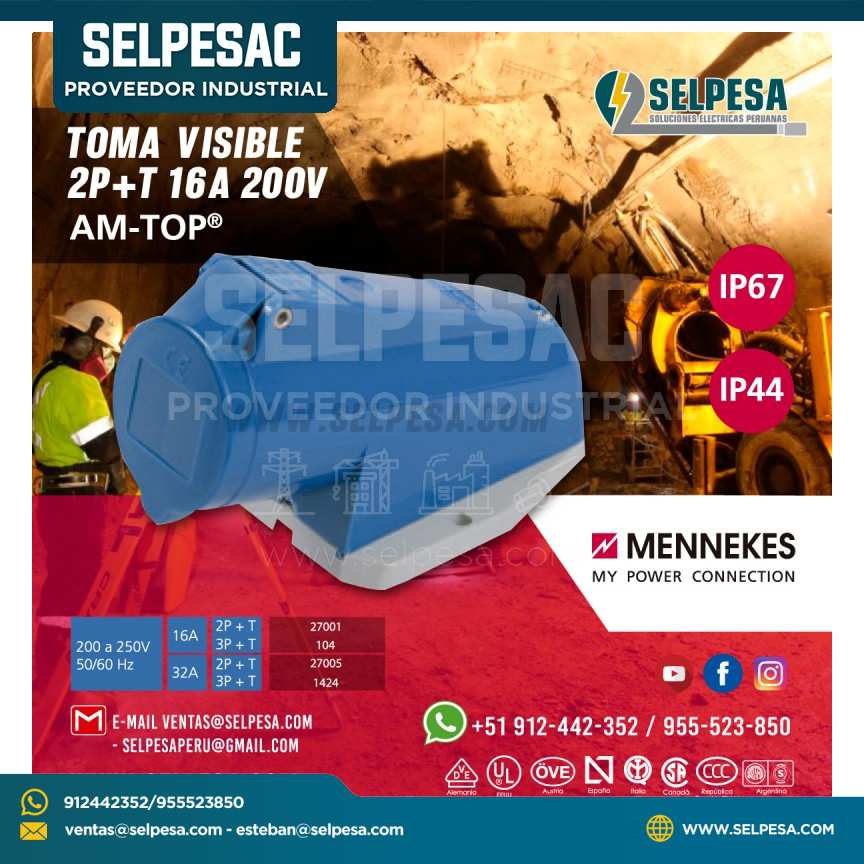 TOMA VISIBLE AZUL 2P+T 16A 200V MENNEKES