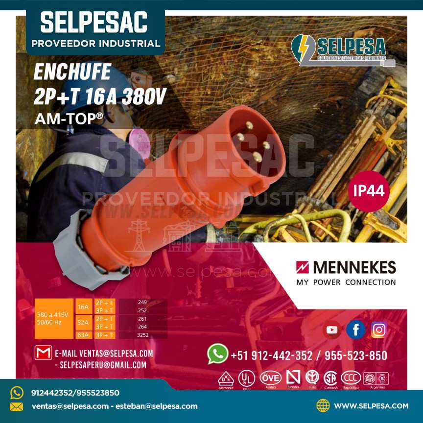 ENCHUFE NARANJA 2P+T 16A 380V IP44 MENNEKES