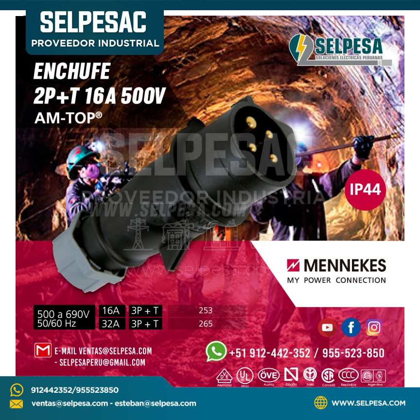 ENCHUFE NEGRO 2P+T 16A 500V IP44 MENNEKES