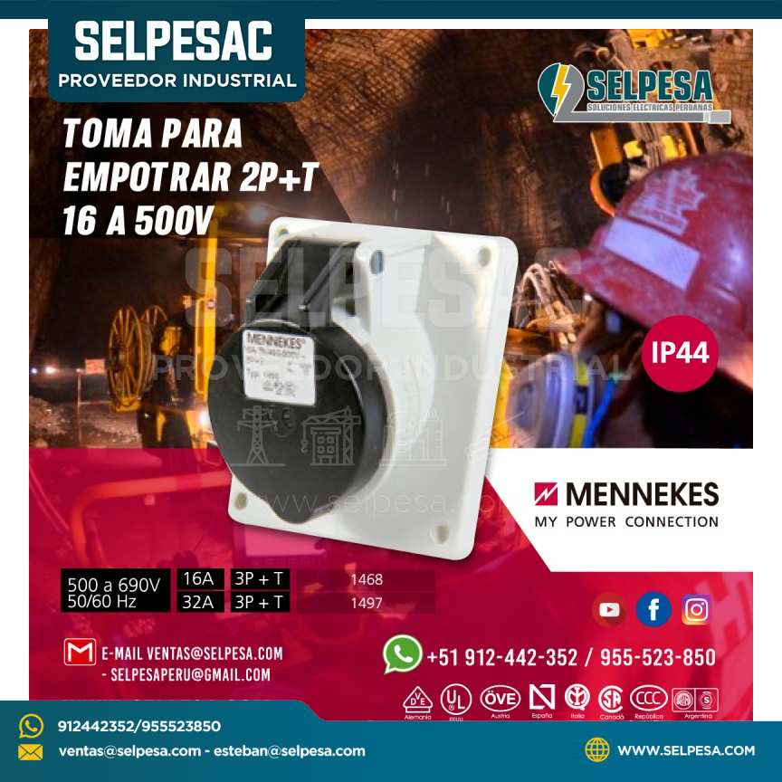 TOMA PARA EMPOTRAR NEGRO 2P+T 16A 500V IP44 MENNEKES