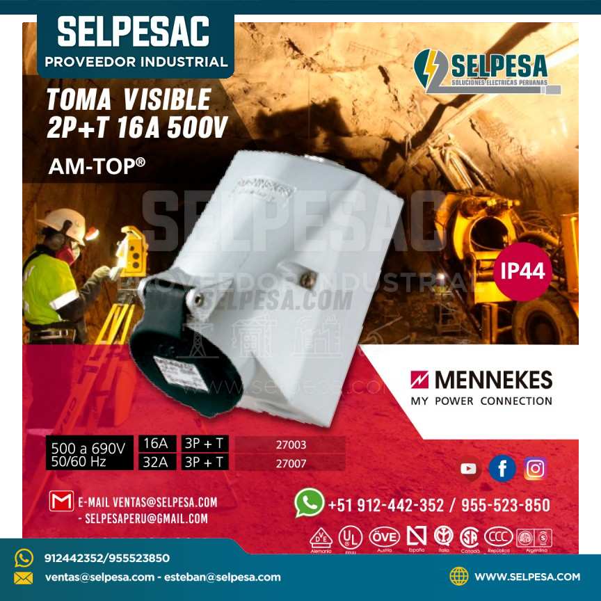 TOMA VISIBLE NEGRO 2P+T 16A 500V MENNEKES