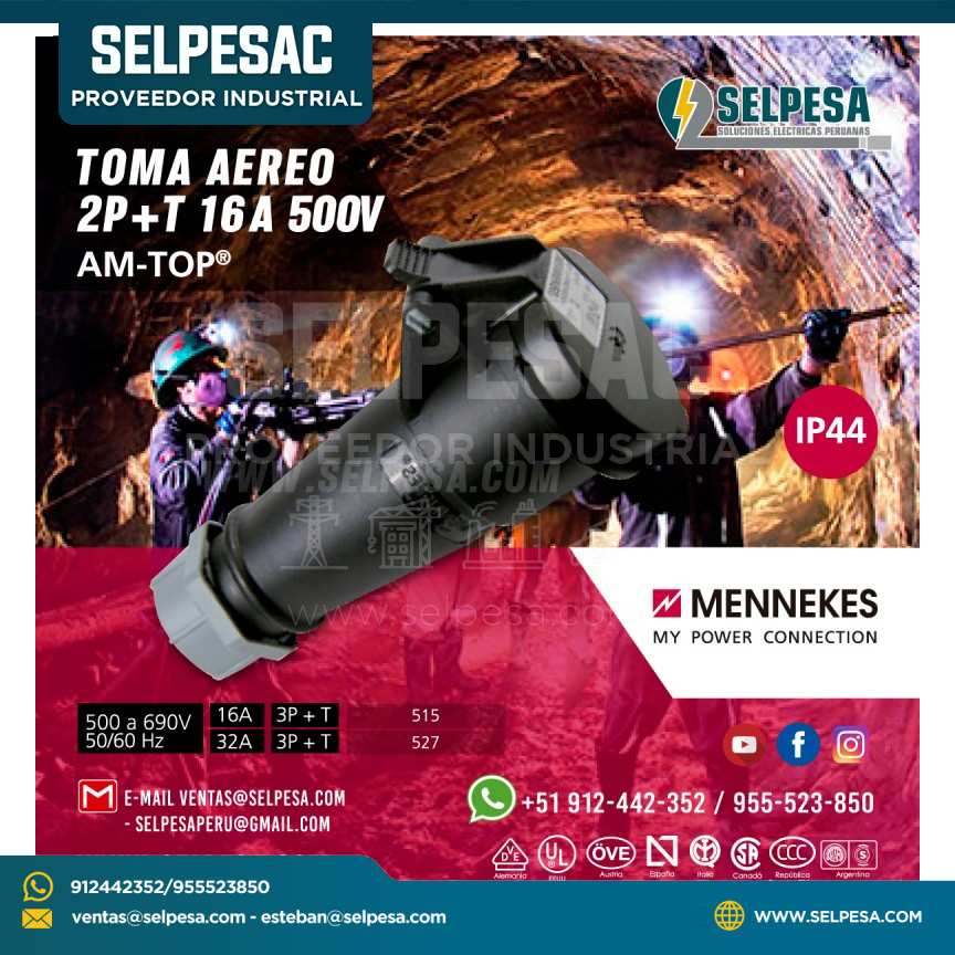 TOMA AÉREO NEGRO 2 P+T 16A 500V MENNEKES