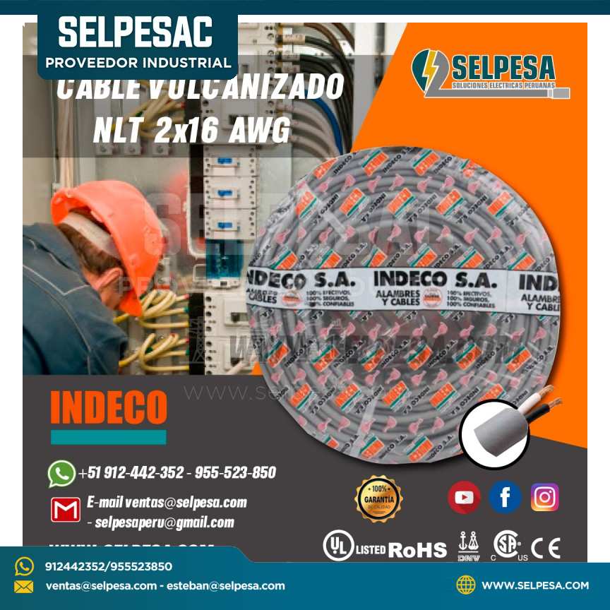 CABLE INDECO VULCANIZADO NLT 2x16 AWG NEGRO X ROLLO