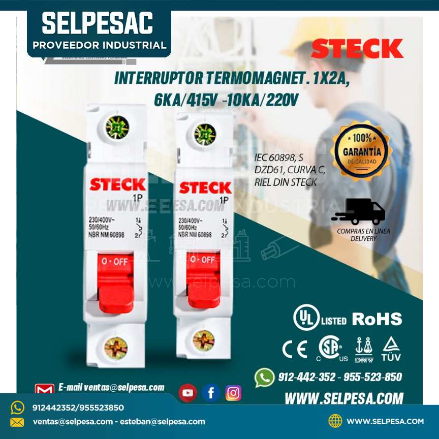 INTERRUPTOR TERMOMAGNET. 1X2A, 6KA/415V -10KA/220V IEC 60898, SDZD61, CURVA C, RIEL DIN