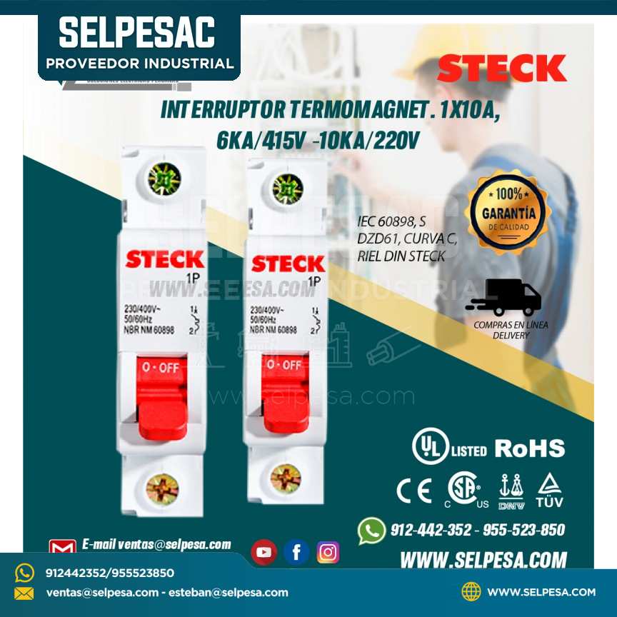 INTERRUPTOR TERMOMAGNET. 1X10A, 6KA/415V -10KA/220V IEC 60898, SDZD61, CURVA C, RIEL DIN
