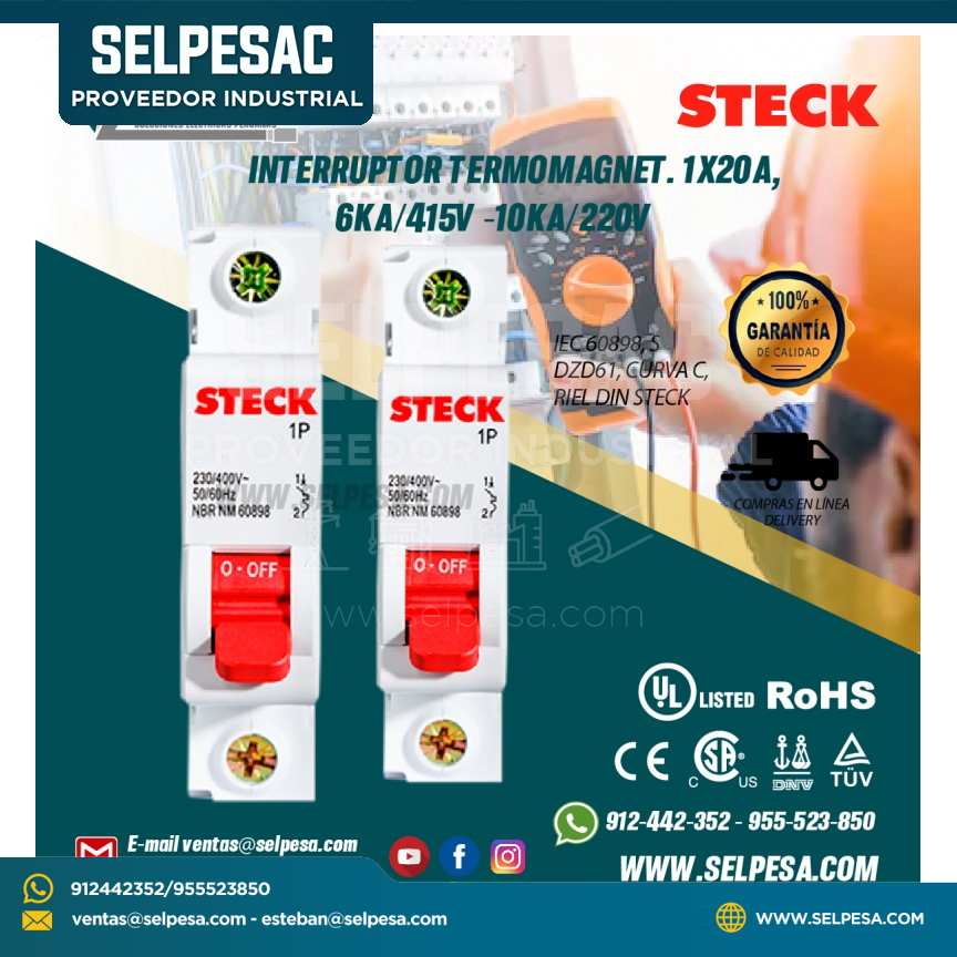 INTERRUPTOR TERMOMAGNET. 1X20A, 6KA/415V -10KA/220V IEC 60898, SDZD61, CURVA C, RIEL DIN