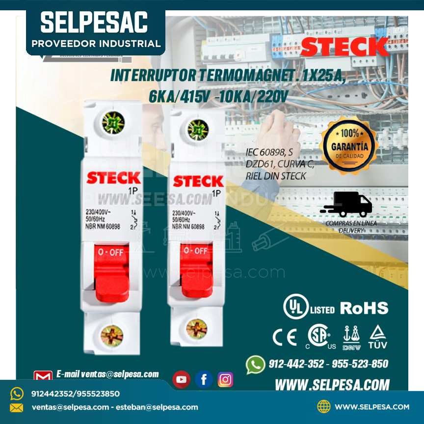 INTERRUPTOR TERMOMAGNET. 1X25A, 6KA/415V - 10KA/220V IEC 60898, SDZD61, CURVA C. RIEL DIN