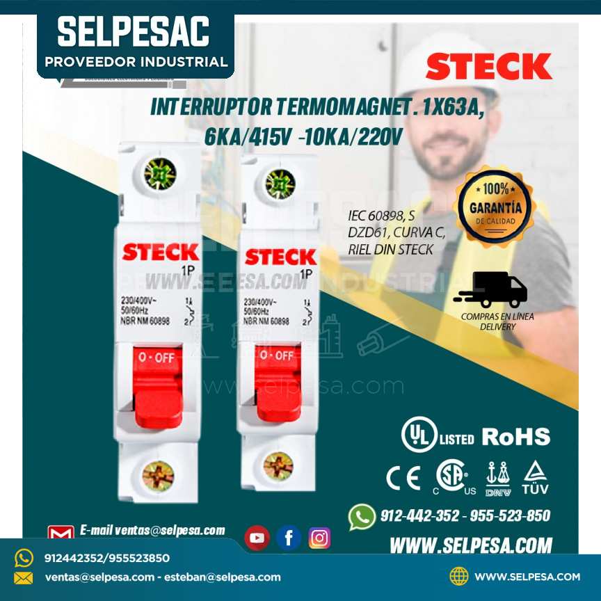 INTERRUPTOR TERMOMAGNET. 1X63A, 6KA/415V - 10KA/220V IEC 60898, SDZD61, CURVA C. RIEL DIN