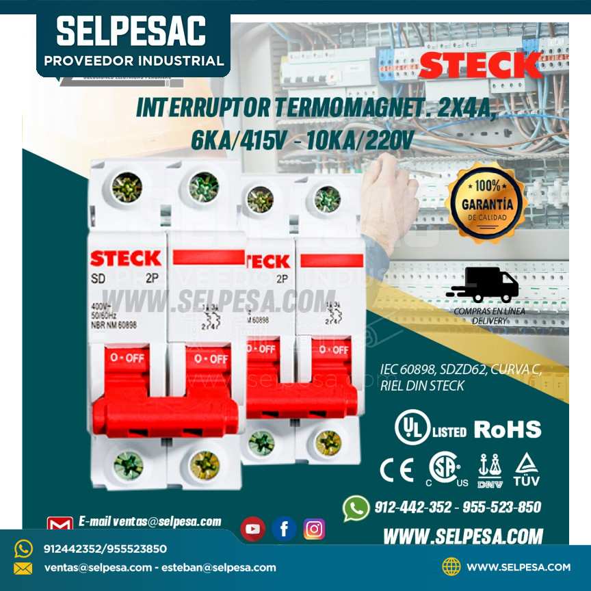 INTERRUPTOR TERMOMAGNET. MONOFASICO 2X4A, 6KA/415V - 10KA/220V IEC 60898, SDZD62, CURVA C, RIEL DIN