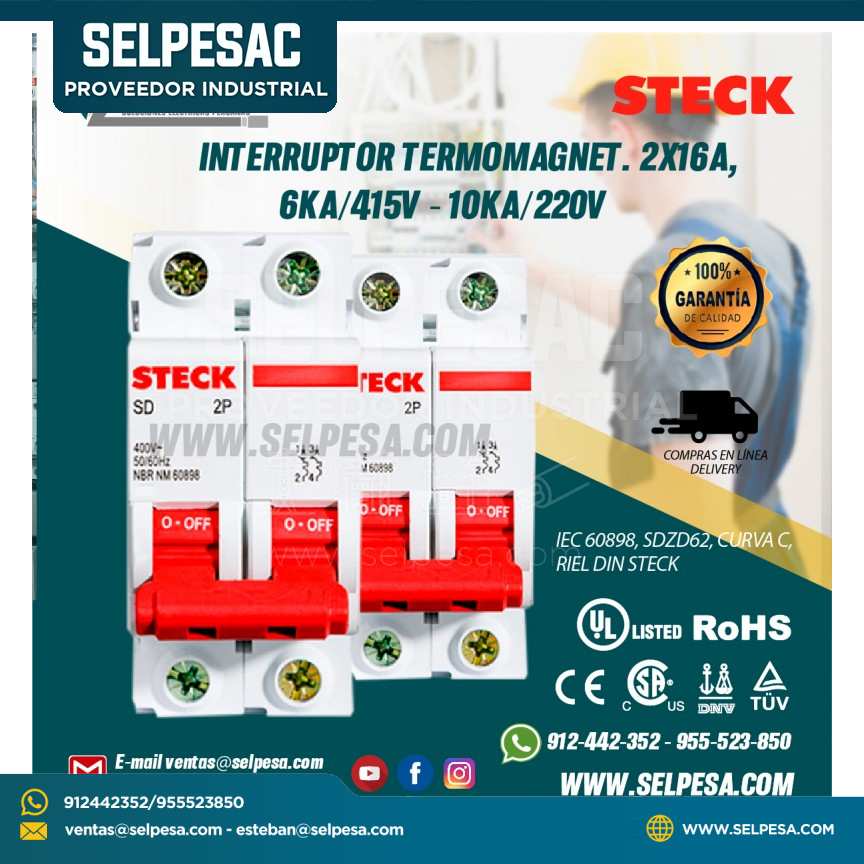 INTERRUPTOR TERMOMAGNET. MONOFASICO 2X16A, 6KA/415V -10KA/220V IEC 60898, SDZD62, CURVA C, RIEL DIN