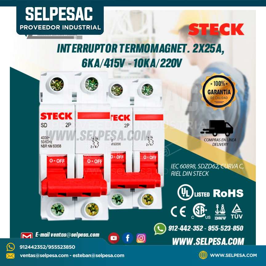 INTERRUPTOR TERMOMAGNET. MONOFASICO 2X25A, 6KA/415V -10KA/220V IEC 60898, SDZD62, CURVA C, RIEL DIN
