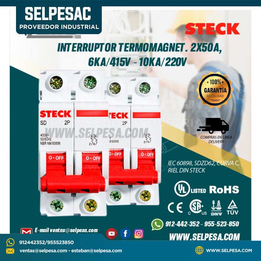 INTERRUPTOR TERMOMAGNET. MONOFASICO 2X50A, 6KA/415V - 10KA/220V IEC 60898, SDZD62, CURVA C,RIEL DIN