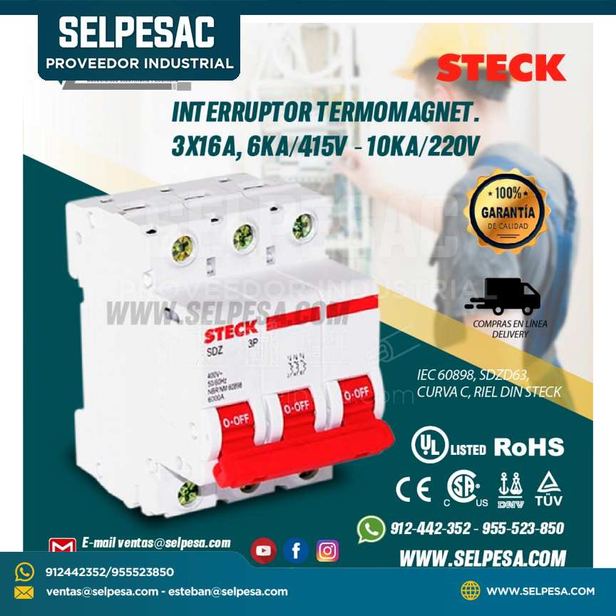 INTERRUPTOR TERMOMAGNET. TRIFÁSICO 3X16A, 6KA/415V - 10KA/220V IEC 60898, SDZD63, CURVA C,RIEL DIN