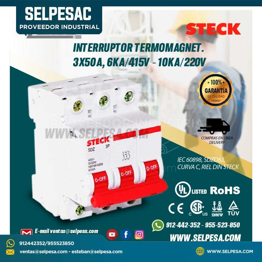 INTERRUPTOR TERMOMAGNET. 3X50A, 6KA/415V - 10KA/220V IEC 60898, SDZD63, CURVA C,RIEL DIN
