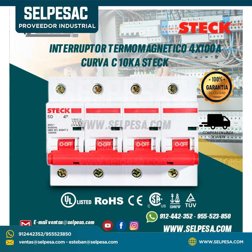 INTERRUPTOR TETRAPOLAR TERMOMAGNET. 4X100A, 10KA RIEL DIN
