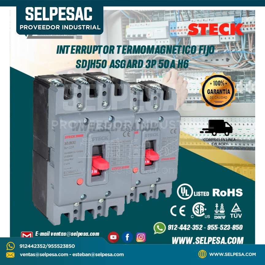INTERRUPTOR TERMOMAGNETICO FIJO SDJH50 ASGARD 3P 50A H6 STECK