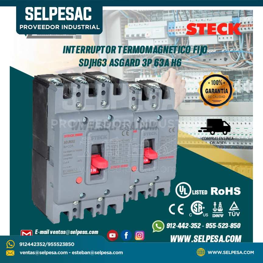 INTERRUPTOR TERMOMAGNETICO FIJO SDJH63 ASGARD 3P 63A H6 STECK
