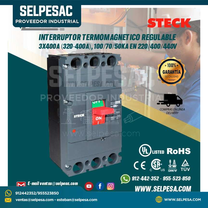 INTERRUPTOR TERMOMAGNETICO REGULABLE 3X400A (320-400A), 100/70/50KA EN 220/400/440V STECK