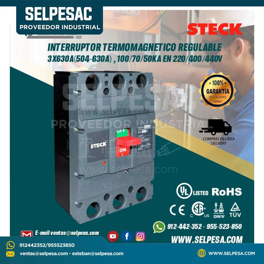 INTERRUPTOR TERMOMAGNETICO REGULABLE 3X630A(504-630A) , 100/70/50KA EN 220/400/440V STECK