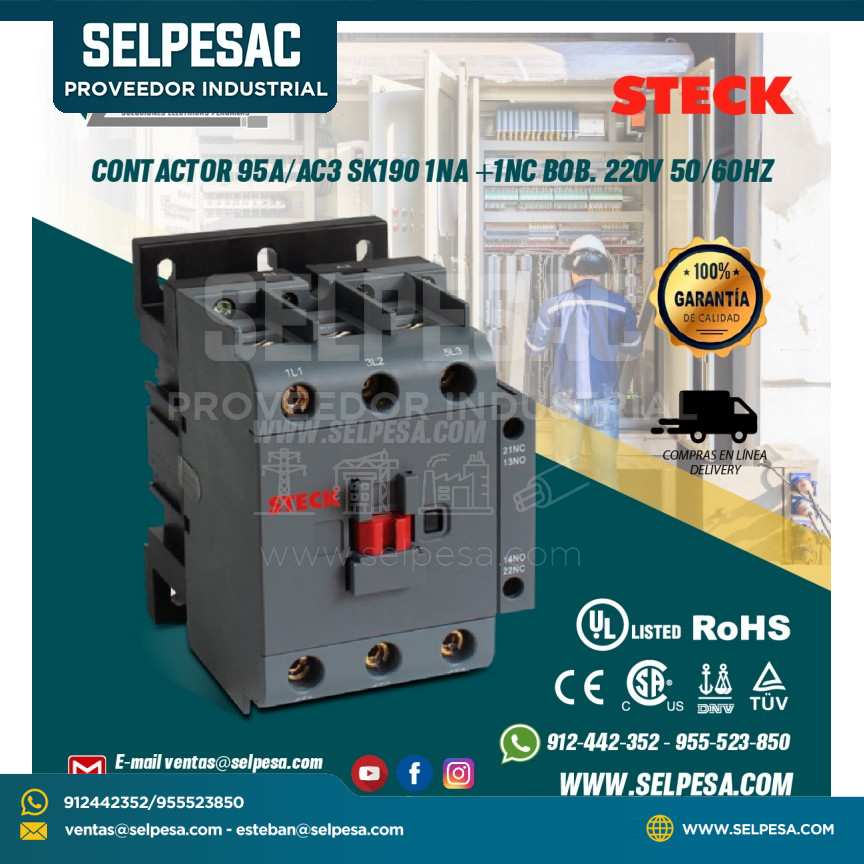 CONTACTOR 95A/AC3 SK190 1NA +1NC BOB. 220V 50/60HZ STECK