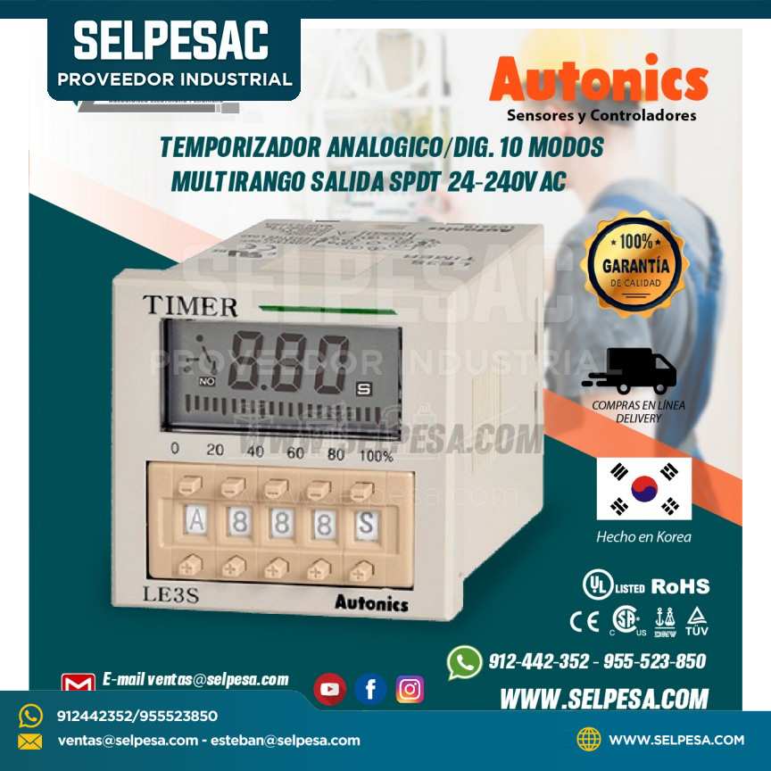 TEMPORIZADOR ANALOGICO/DIG. 10 MODOS MULTIRANGO SALIDA SPDT 24-240VAC
