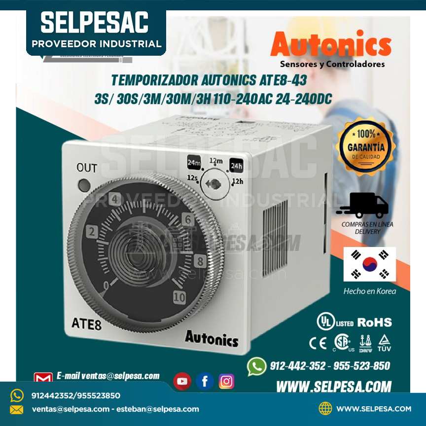 TEMPORIZADOR AUTONICS ATE8-43 3S/ 30S/3M/30M/3H 110-240AC 24-240DC