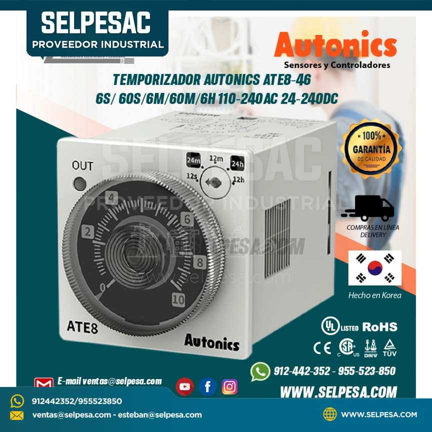TEMPORIZADOR AUTONICS ATE8-46 6S/ 60S/6M/60M/6H 110-240AC 24-240DC